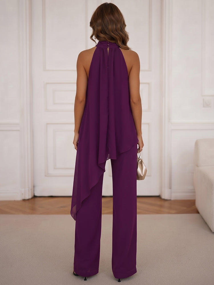 Chiffon Two-Piece Separates V Neck Long Evening Dresses with Asymmetric Overlay