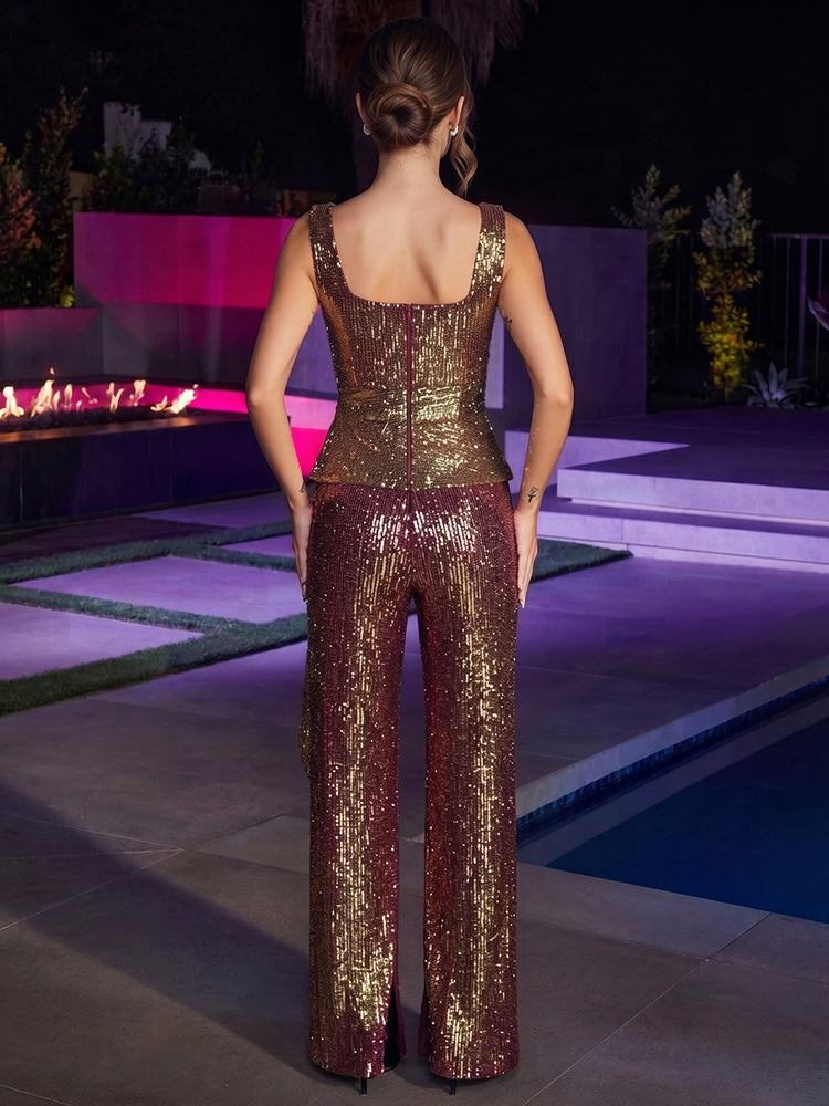 Sequin Jumsuit Square Neck Long Evening Dresses with Asymmetric Overlay