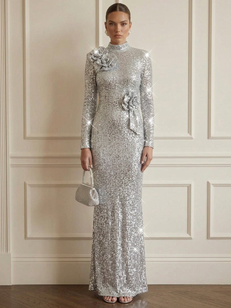 Sequin Sheath/Column High Neck Long Evening Dresses with 3D Flower Appliques