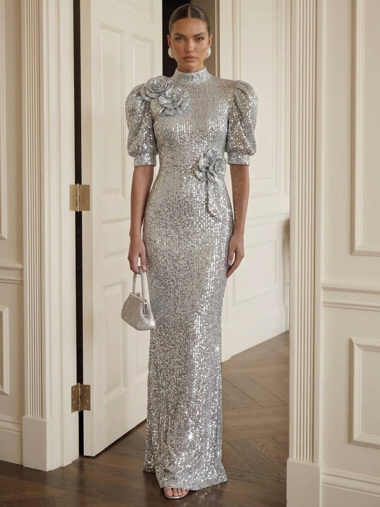 Sequin Sheath/Column High Neck Long Evening Dresses with 3D Flower Appliques