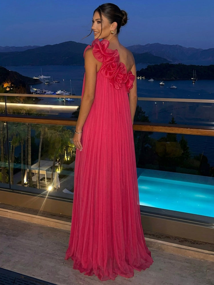 Chiffon A-Line Asymmetric Neck Long Evening Dresses with Ruffles