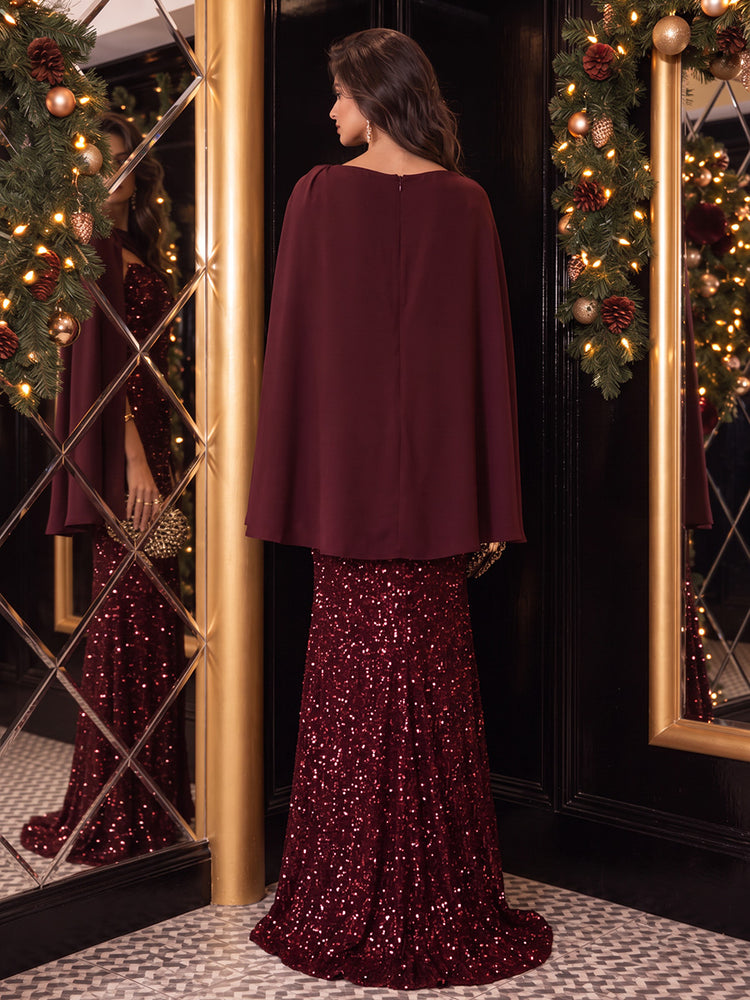 Sequin Mermaid Boat Neck Long Evening Dresses with Satin Cape