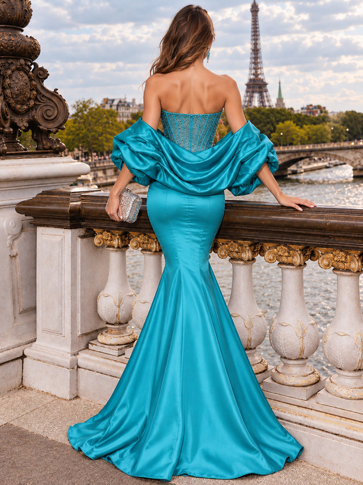 Satin Mermaid Strapless Long Evening Dresses with Corset Bodice