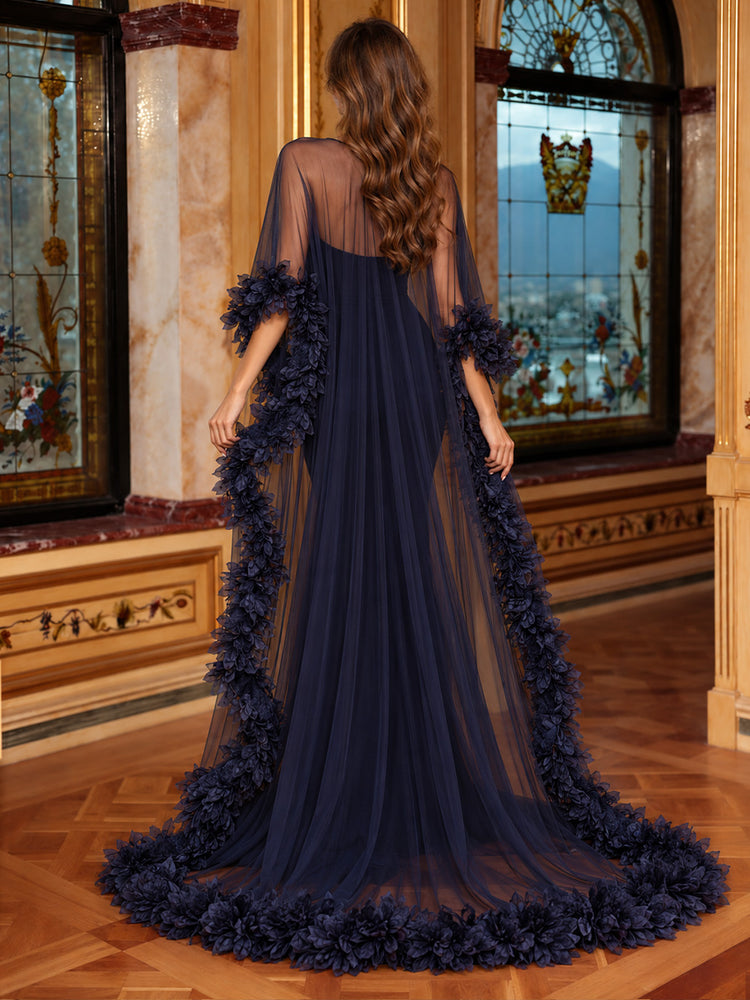 Satin Mermaid Round Neck Long Evening Dresses with Feathers
