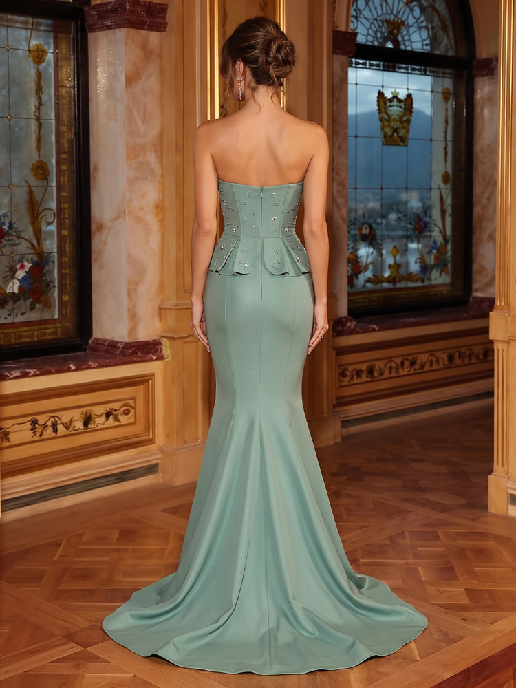 Satin Mermaid Strapless Long Evening Dresses with Corset Bodice