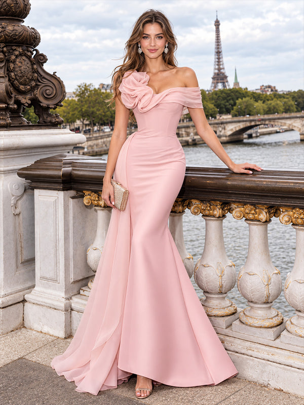 Satin Mermaid Asymmetric Neck Long Evening Dresses with Sash