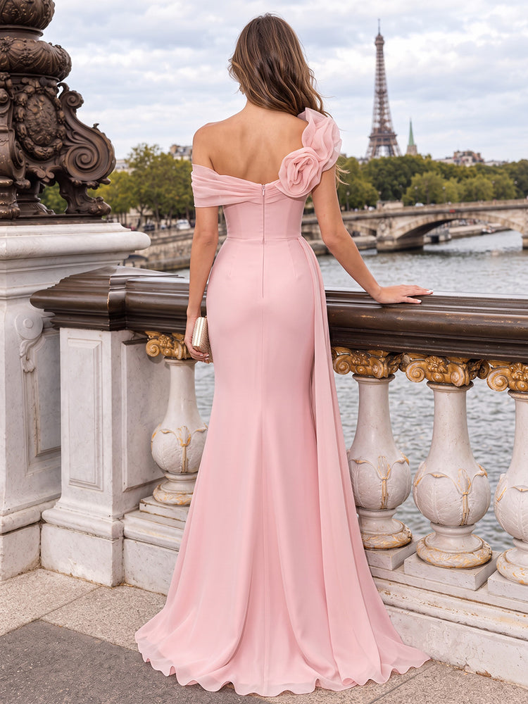 Satin Mermaid Asymmetric Neck Long Evening Dresses with Sash