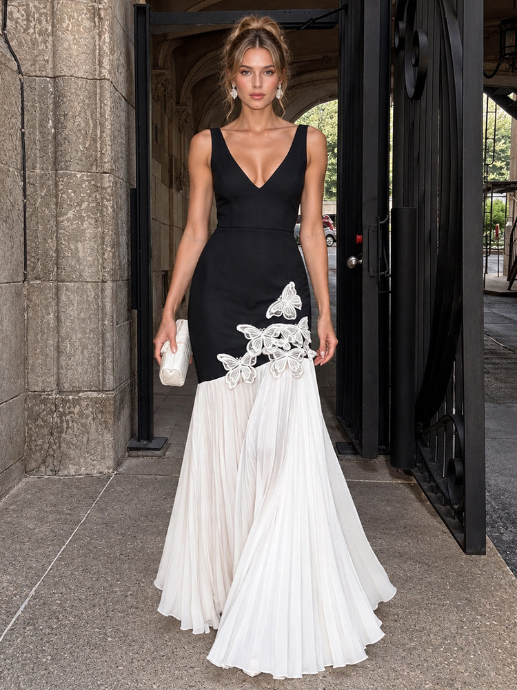 Satin Mermaid V Neck Long Evening Dresses with 3D Butterflies