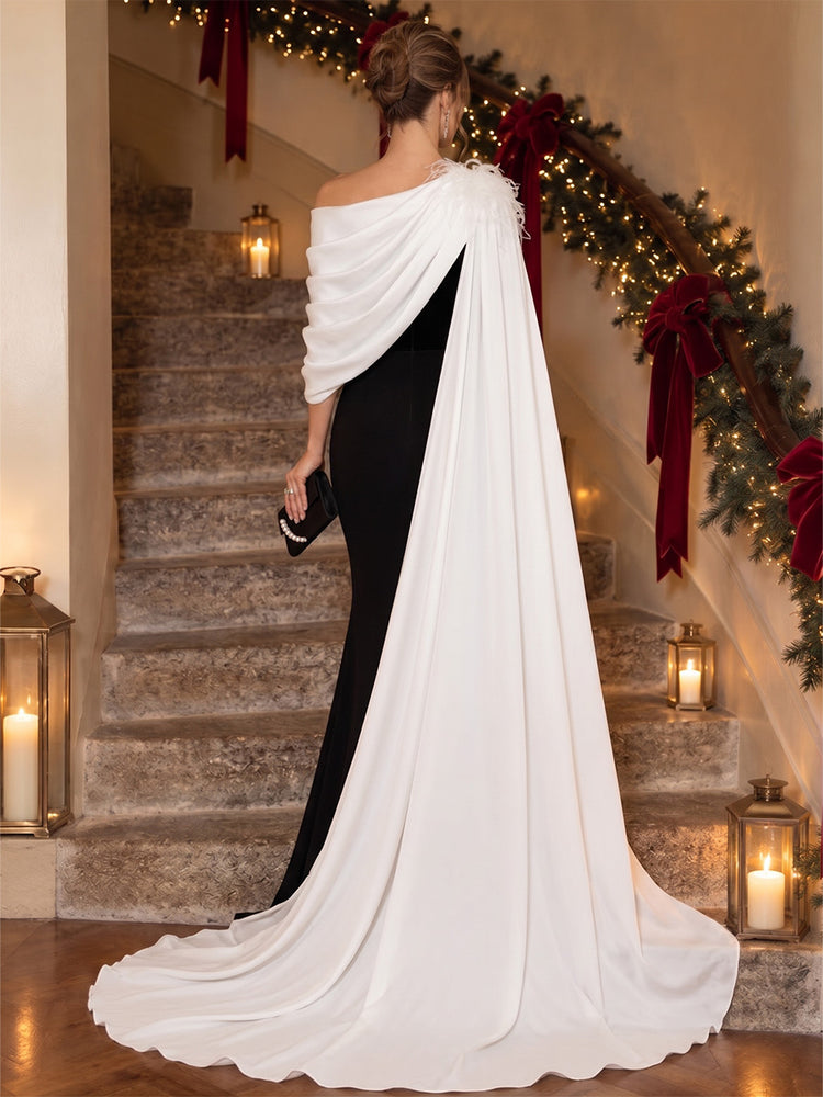 Stretch Crepe Mermaid Asymmetric Neck Long Evening Dresses with Cape Overlay