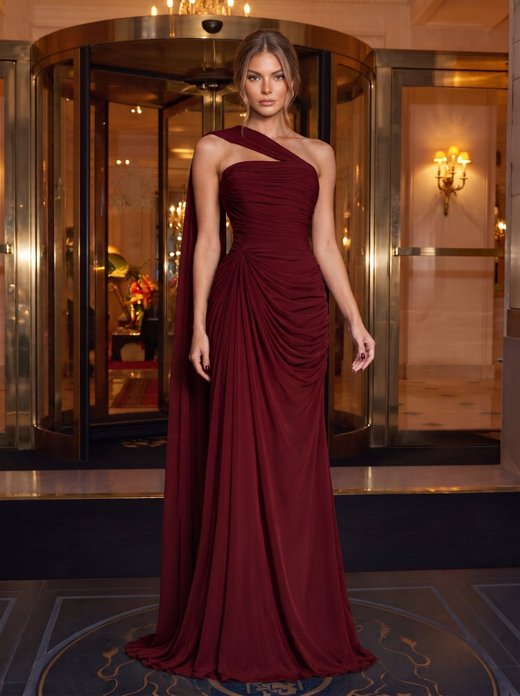 Satin A-Line Asymmetric Neck Long Evening Dresses with Ruched