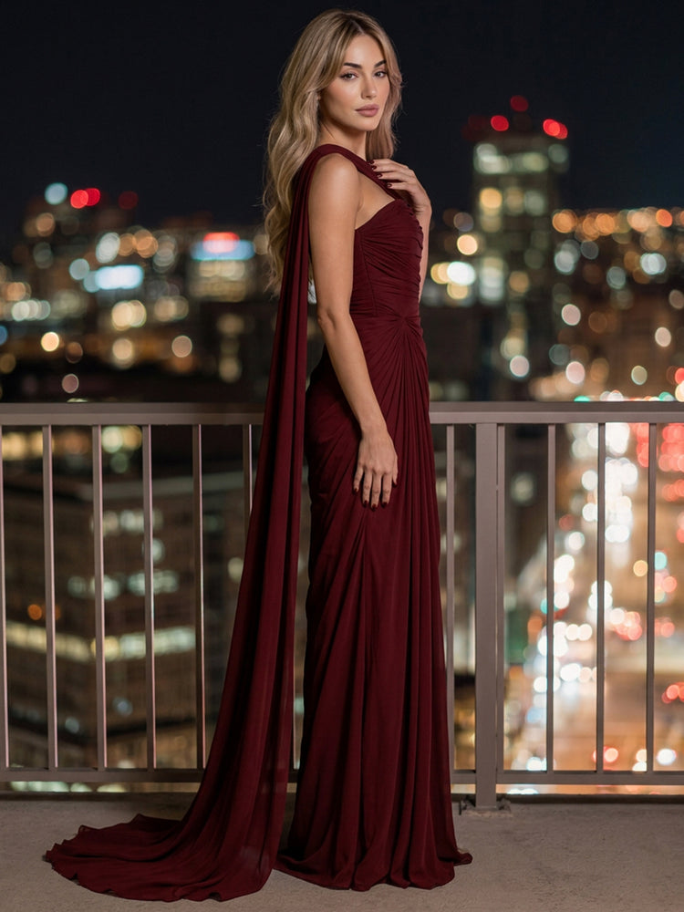 Satin A-Line Asymmetric Neck Long Evening Dresses with Ruched