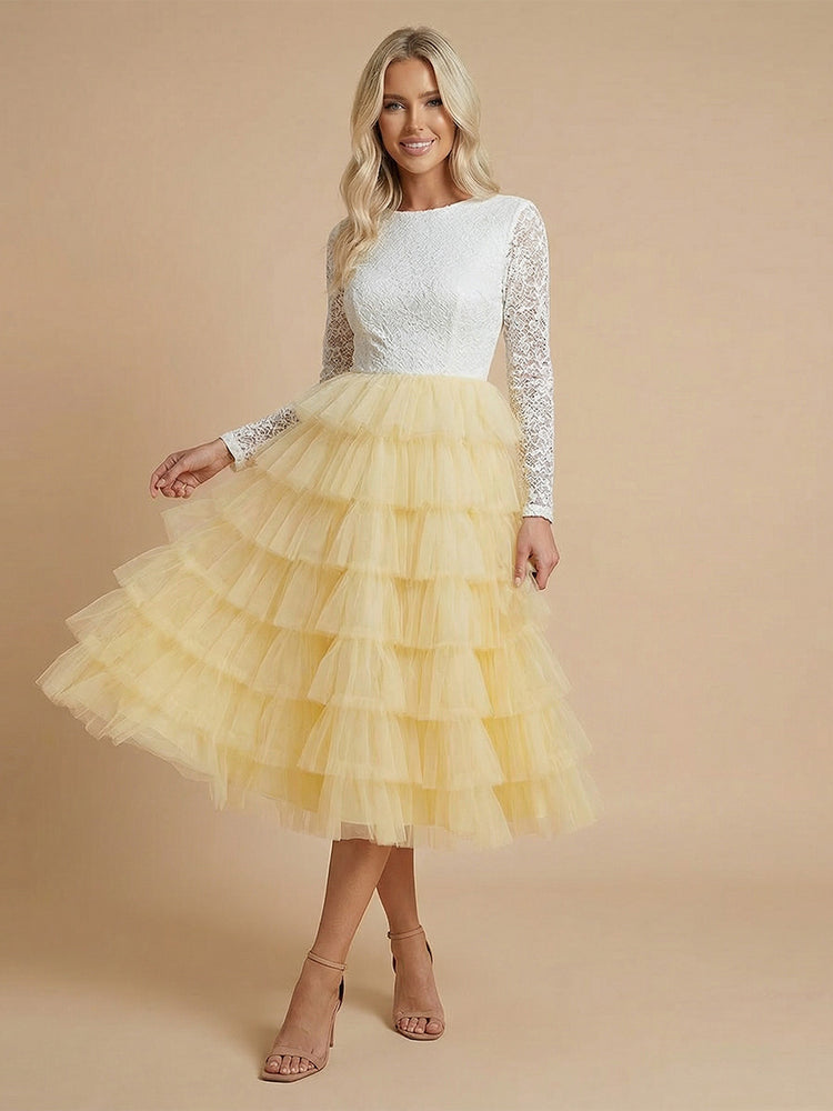 Tulle A-Line Scoop Neck Midi Wedding Guest Dresses with Tiered