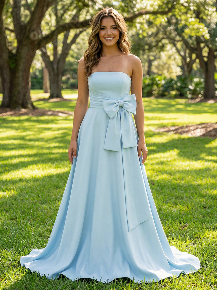 Satin A-Line Strapless Long Wedding Guest Dresses with Bow