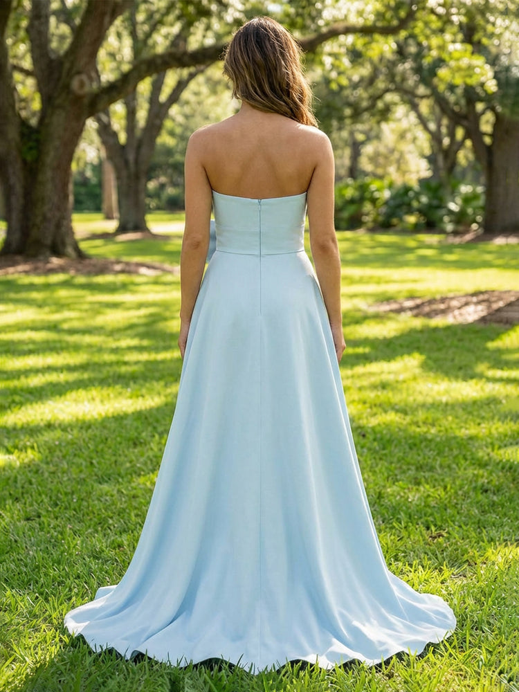 Satin A-Line Strapless Long Wedding Guest Dresses with Bow