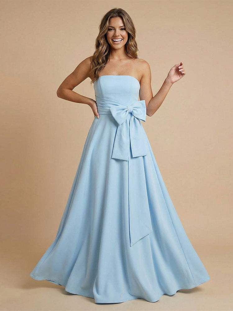 Satin A-Line Strapless Long Wedding Guest Dresses with Bow