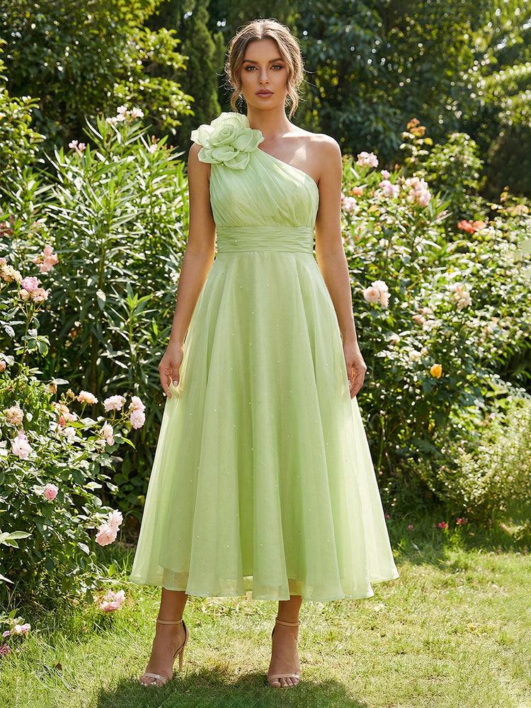 Tulle A-Line One Shoulder Midi Wedding Guest Dresses with 3D Flowers