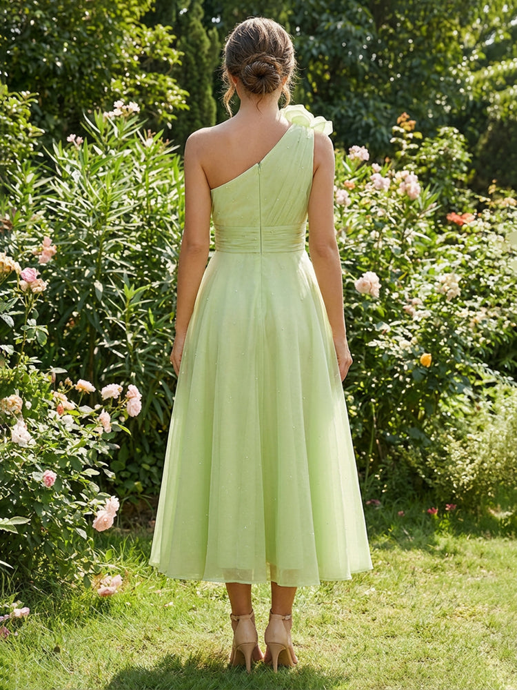 Tulle A-Line One Shoulder Midi Wedding Guest Dresses with 3D Flowers