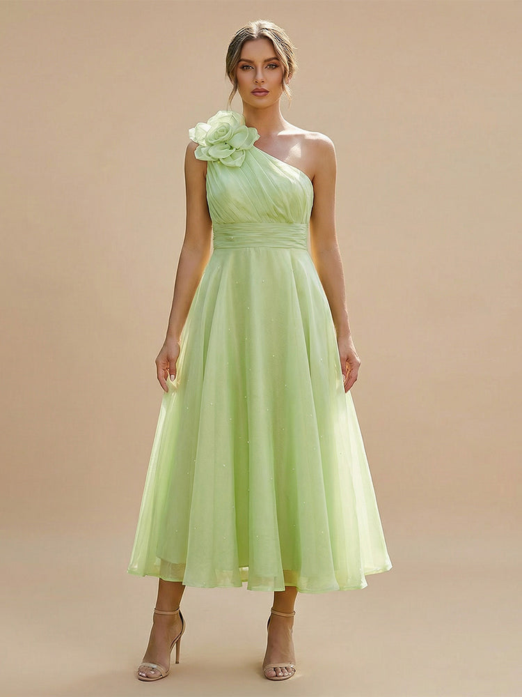 Tulle A-Line One Shoulder Midi Wedding Guest Dresses with 3D Flowers