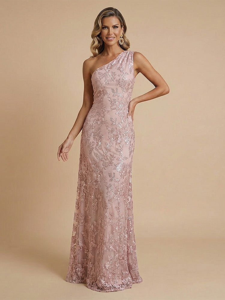 Tulle Mermaid One Shoulder Long Mother of the Bride Dresses with Lace Applique