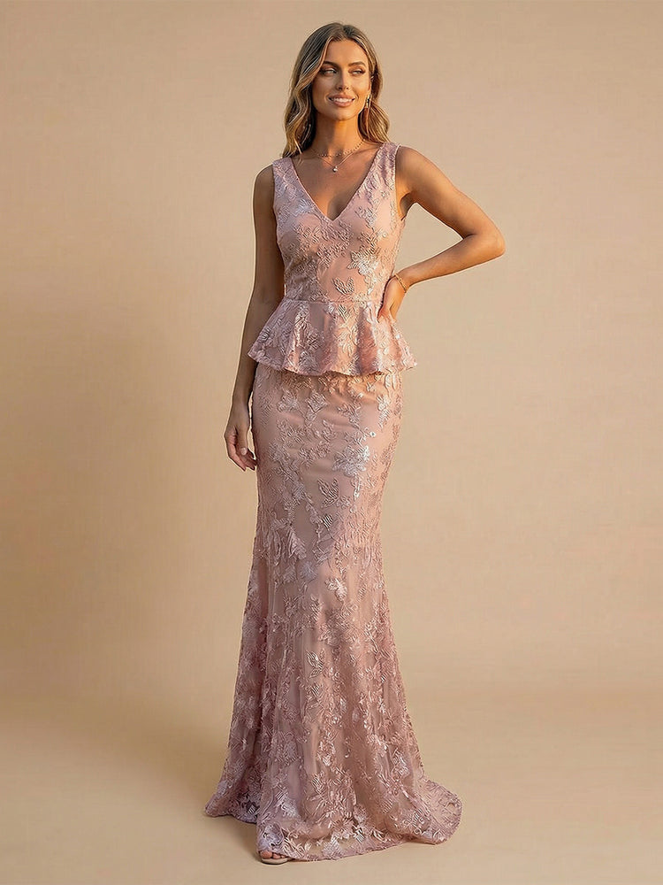 Tulle Mermaid V Neck Long Mother of the Bride Dresses with Lace Applique