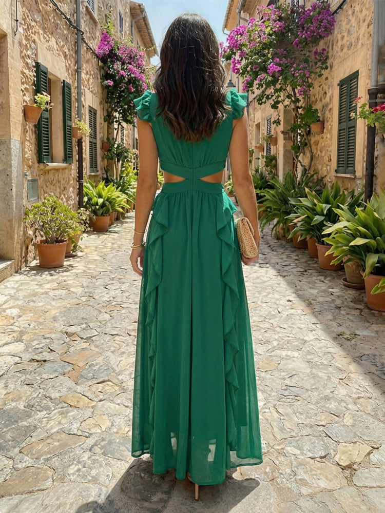 Chiffon A-Line V Neck Long Wedding Guest Dresses with Ruffles