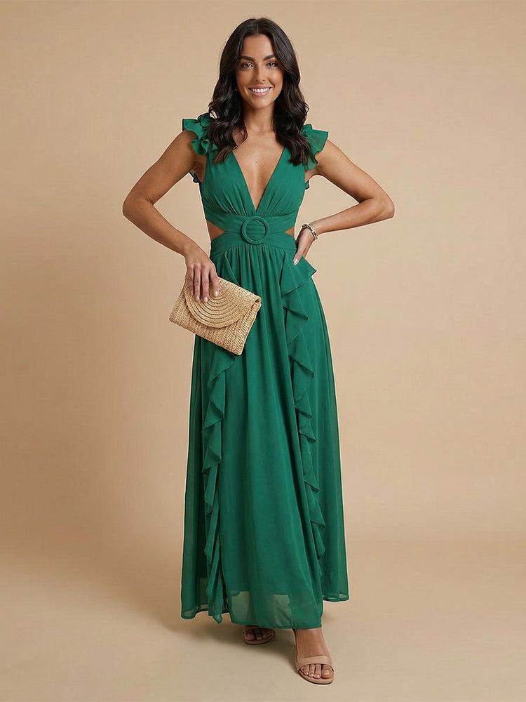 Chiffon A-Line V Neck Long Wedding Guest Dresses with Ruffles