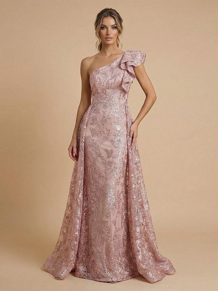 Tulle Mermaid One Shoulder Long Wedding Guest Dresses with Ruffles