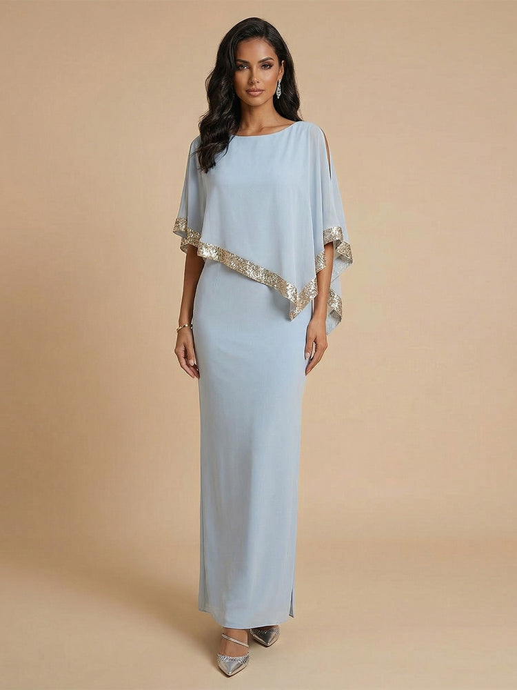Satin Sheath Scoop Neck Long Mother of the Bride Dresses with Side Slit