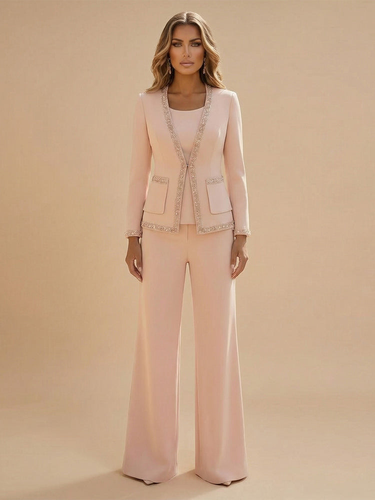 3 Pieces Satin Scoop Neck Long Wedding Guest Pantsuits with Beaded