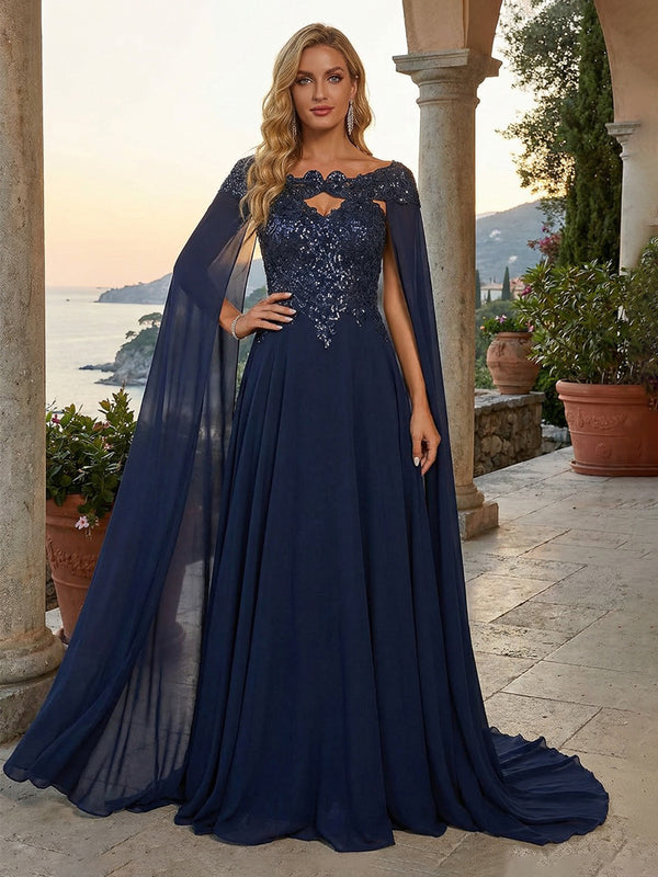 Chiffon A-Line Boat Neck Long Mother of the Bride Dresses with Lace Applique