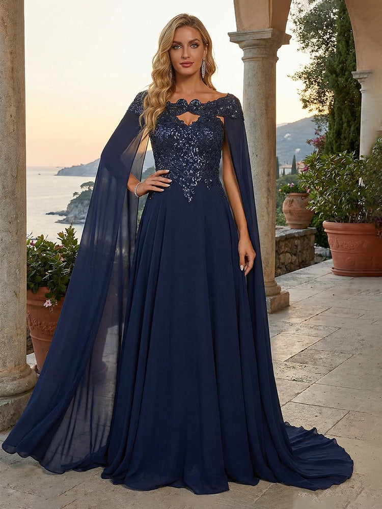 Chiffon A-Line Boat Neck Long Mother of the Bride Dresses with Lace Applique