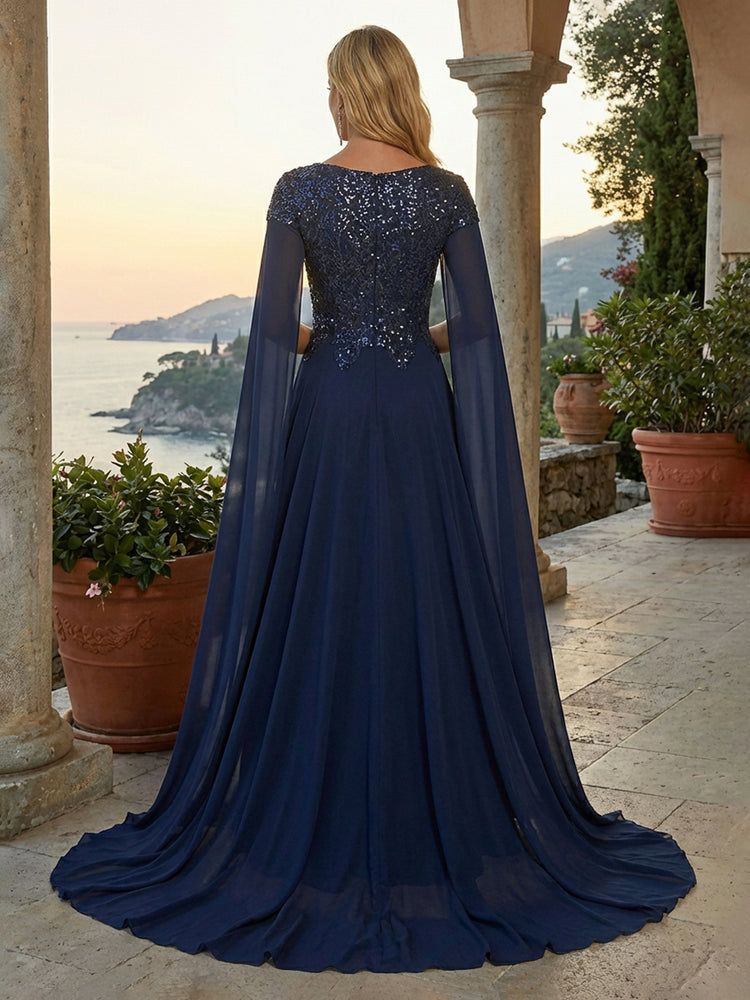 Chiffon A-Line Boat Neck Long Mother of the Bride Dresses with Lace Applique
