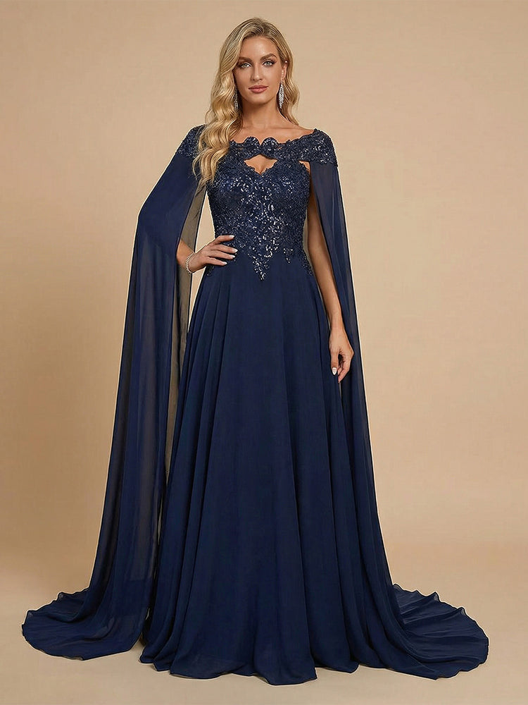 Chiffon A-Line Boat Neck Long Mother of the Bride Dresses with Lace Applique