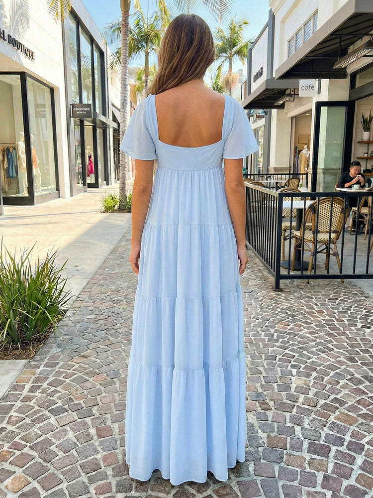 Chiffon A-Line V Neck Long Bridesmaid Dresses with Tiered Ruffles