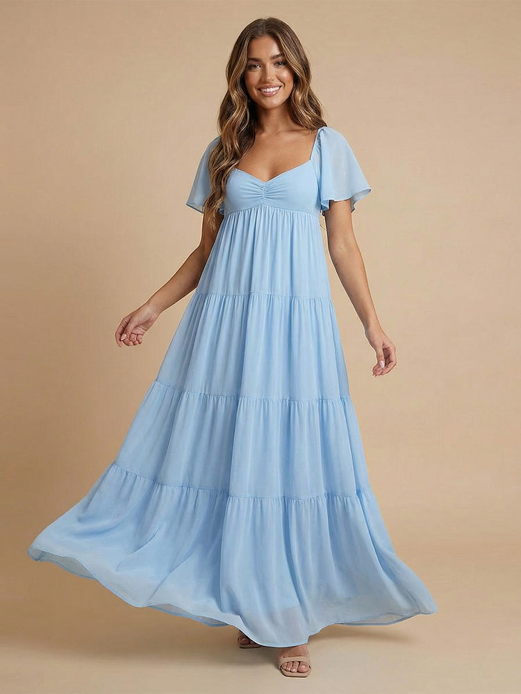 Chiffon A-Line V Neck Long Bridesmaid Dresses with Tiered Ruffles