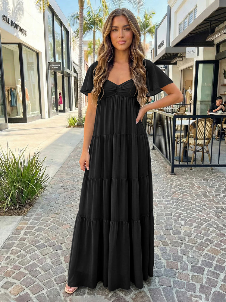 Chiffon A-Line V Neck Long Bridesmaid Dresses with Tiered Ruffles