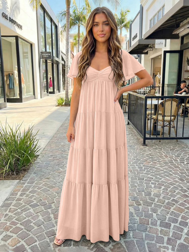 Chiffon A-Line V Neck Long Bridesmaid Dresses with Tiered Ruffles