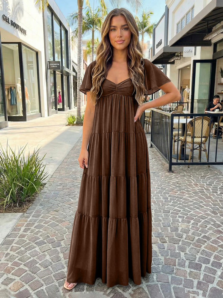 Chiffon A-Line V Neck Long Bridesmaid Dresses with Tiered Ruffles