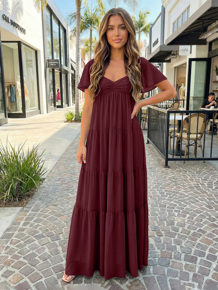 Chiffon A-Line V Neck Long Bridesmaid Dresses with Tiered Ruffles