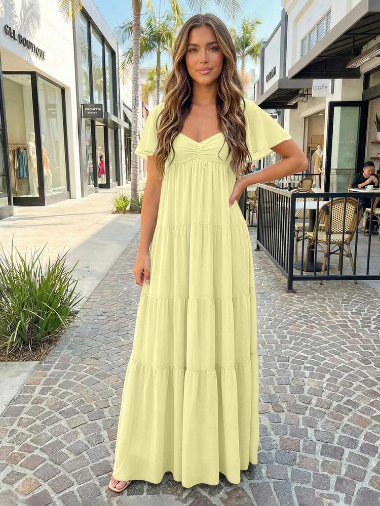 Chiffon A-Line V Neck Long Bridesmaid Dresses with Tiered Ruffles