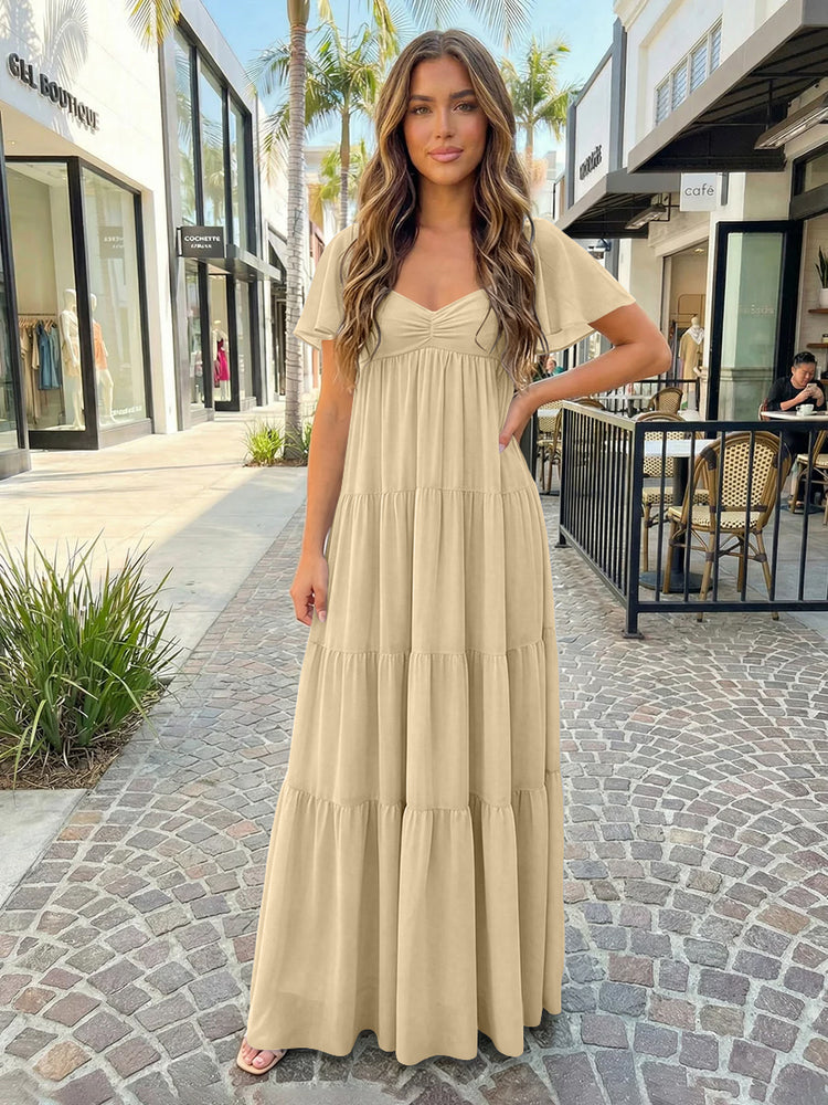 Chiffon A-Line V Neck Long Bridesmaid Dresses with Tiered Ruffles