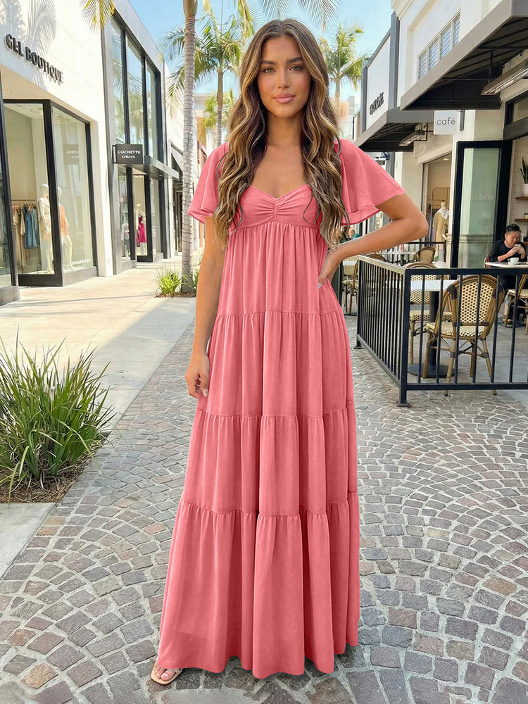 Chiffon A-Line V Neck Long Bridesmaid Dresses with Tiered Ruffles