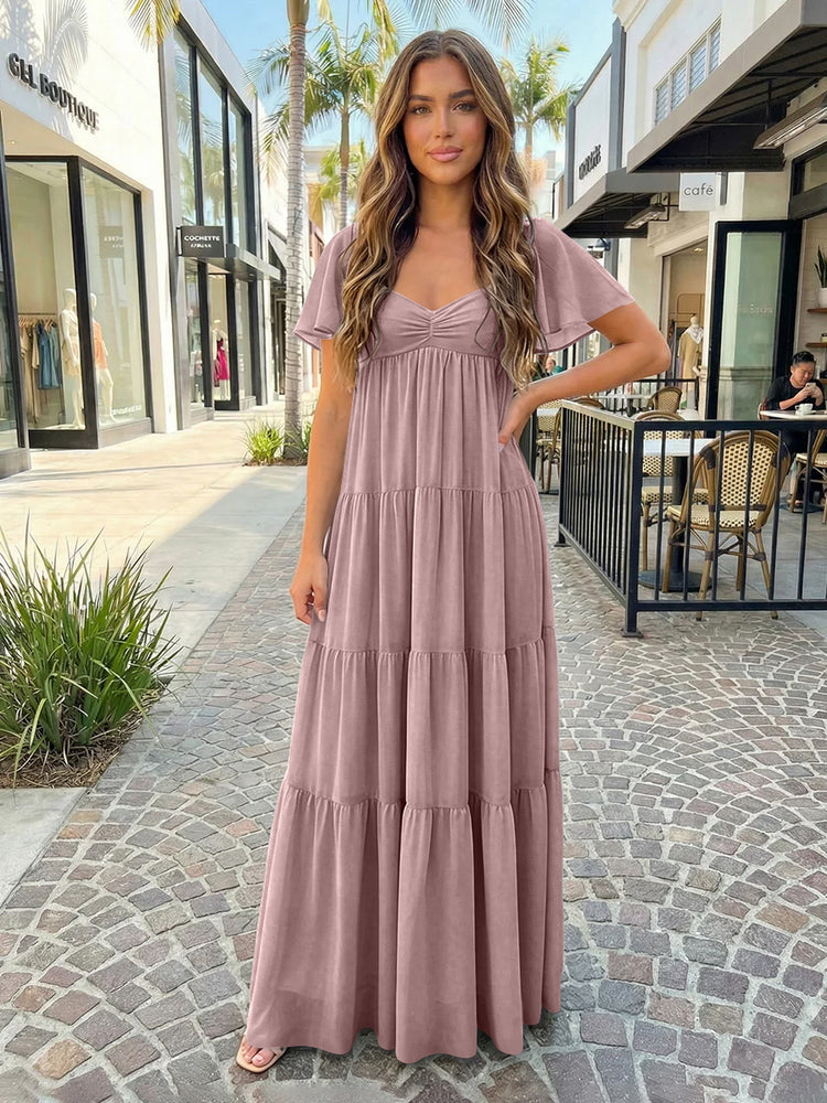Chiffon A-Line V Neck Long Bridesmaid Dresses with Tiered Ruffles
