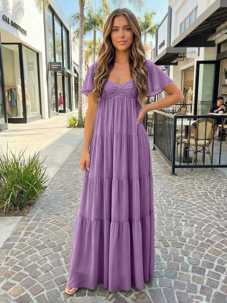 Chiffon A-Line V Neck Long Bridesmaid Dresses with Tiered Ruffles