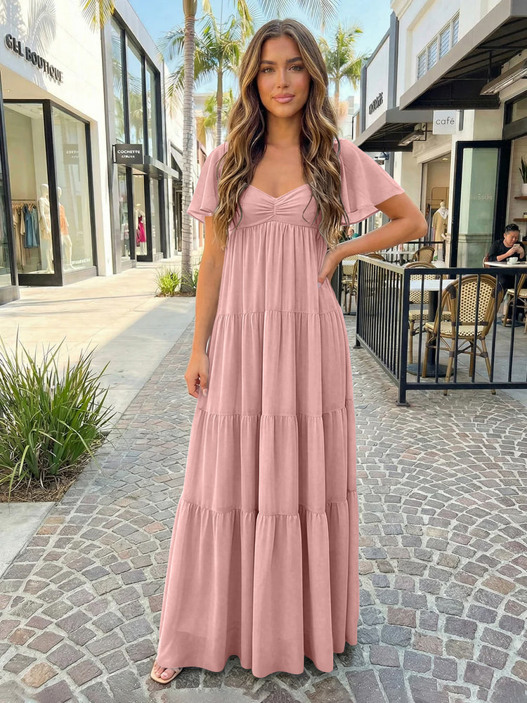 Chiffon A-Line V Neck Long Bridesmaid Dresses with Tiered Ruffles