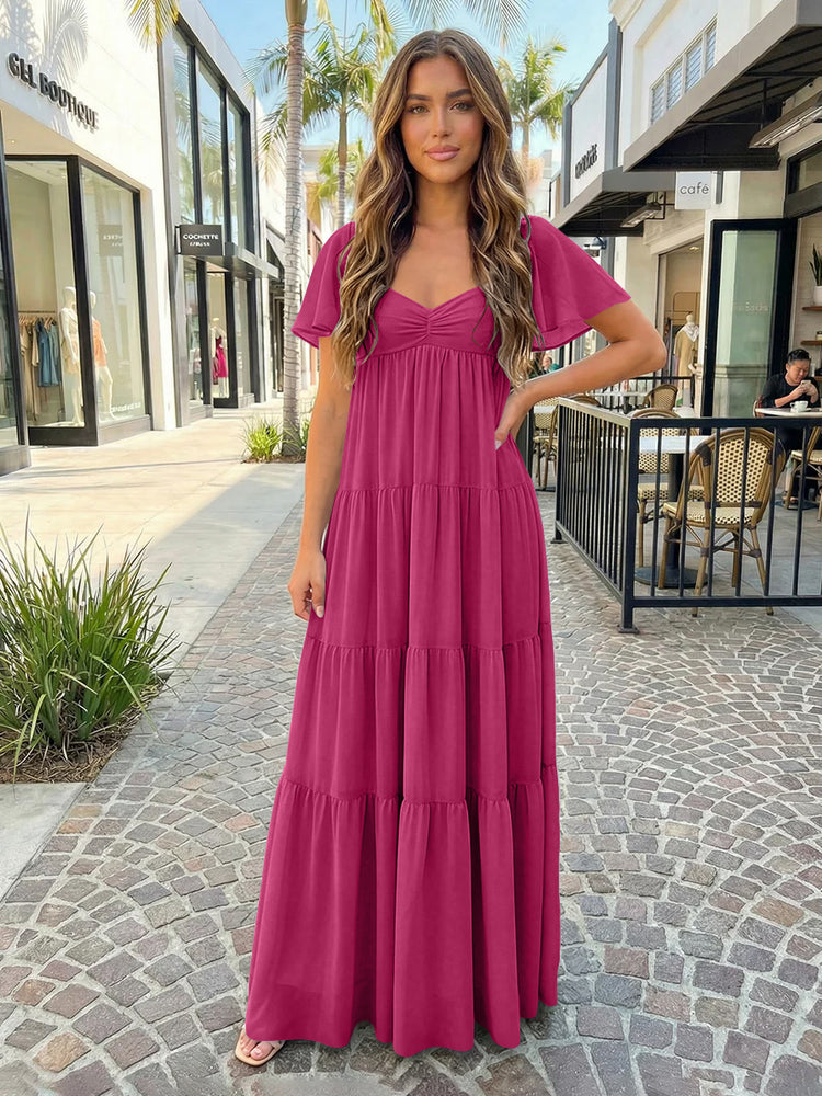 Chiffon A-Line V Neck Long Bridesmaid Dresses with Tiered Ruffles