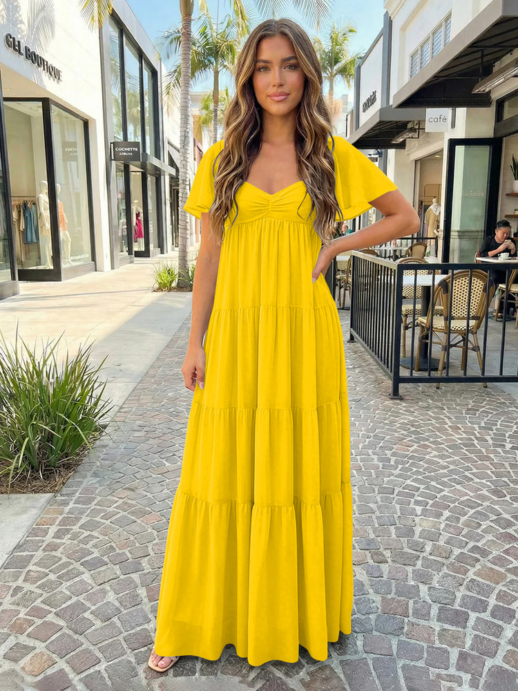 Chiffon A-Line V Neck Long Bridesmaid Dresses with Tiered Ruffles
