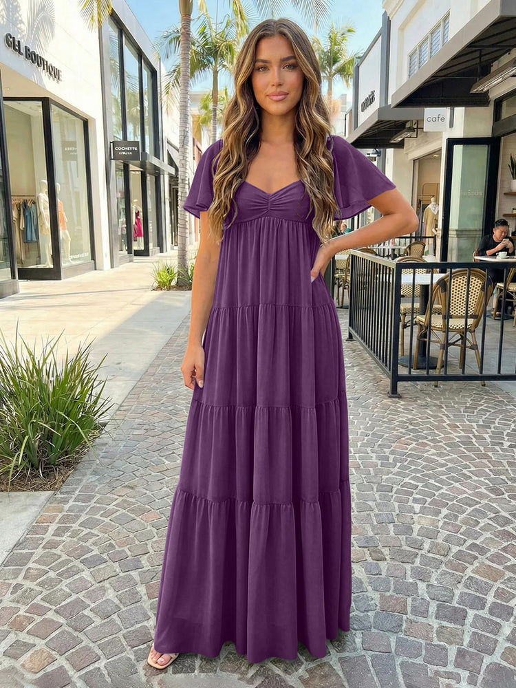 Chiffon A-Line V Neck Long Bridesmaid Dresses with Tiered Ruffles