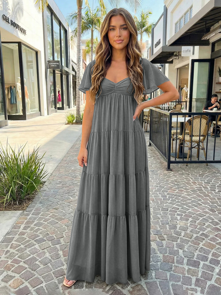Chiffon A-Line V Neck Long Bridesmaid Dresses with Tiered Ruffles