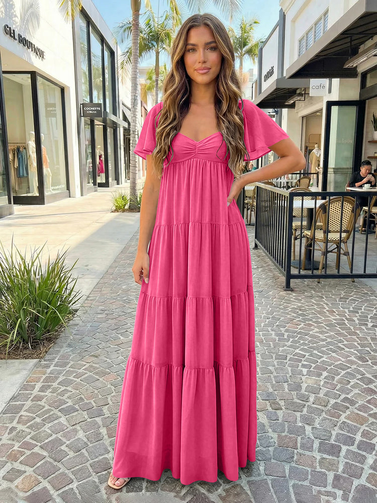 Chiffon A-Line V Neck Long Bridesmaid Dresses with Tiered Ruffles